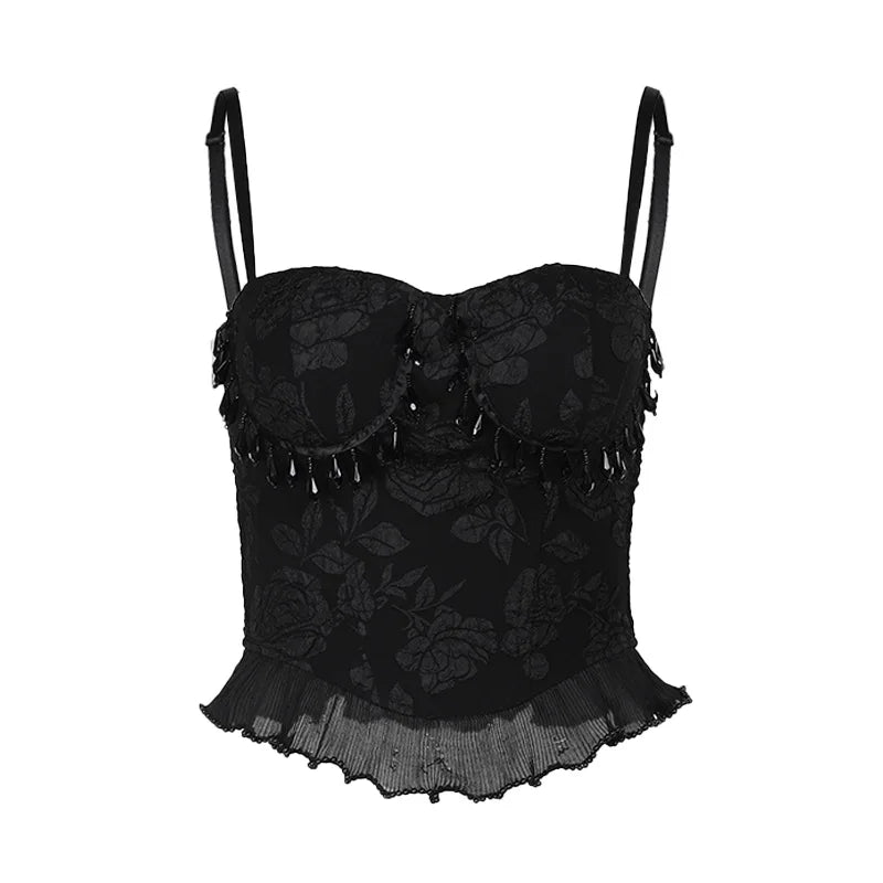 Gothic Retro Jacquard Bead Pendant Vest Women's Grunge Sexy Backless Tank Tops E Girl Crop Tops Party Clubwear
