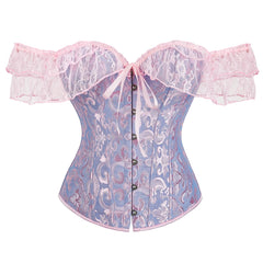 Voguable Womens Bustier Overbust Corselet Lace Up Short Sleeve Sheer Corset Bluse Costume Crop Top
