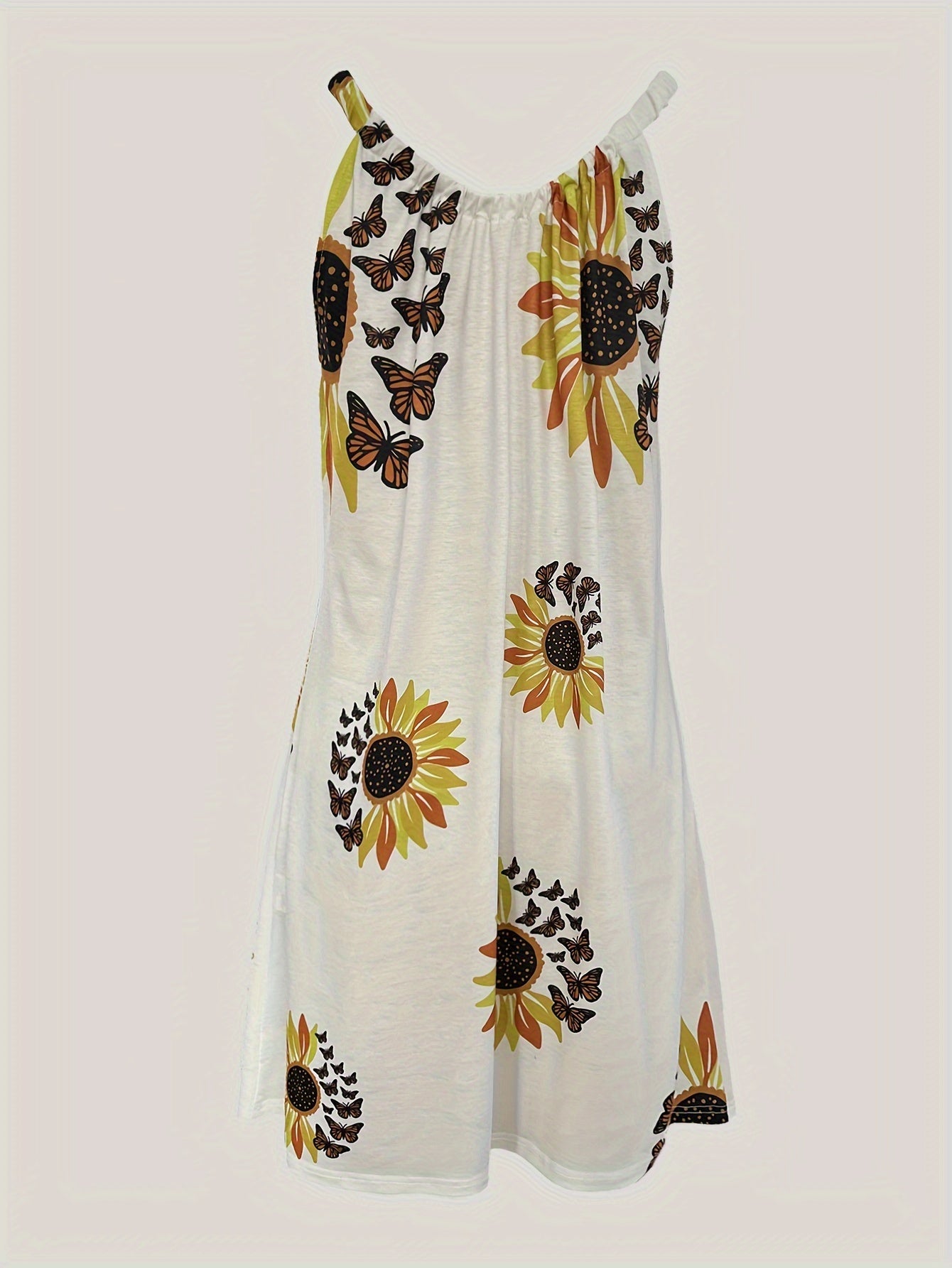 Sunflower Print Cami Dress, Vacation Sleeveless Loose Dress For Summer, Women's Clothing