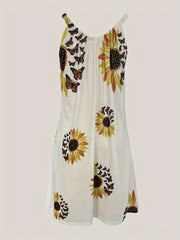 Sunflower Print Summer Cami Dress - Effortless Loose Fit for Vacation - Feminine Sleeveless Style - Womens Vacation Wear