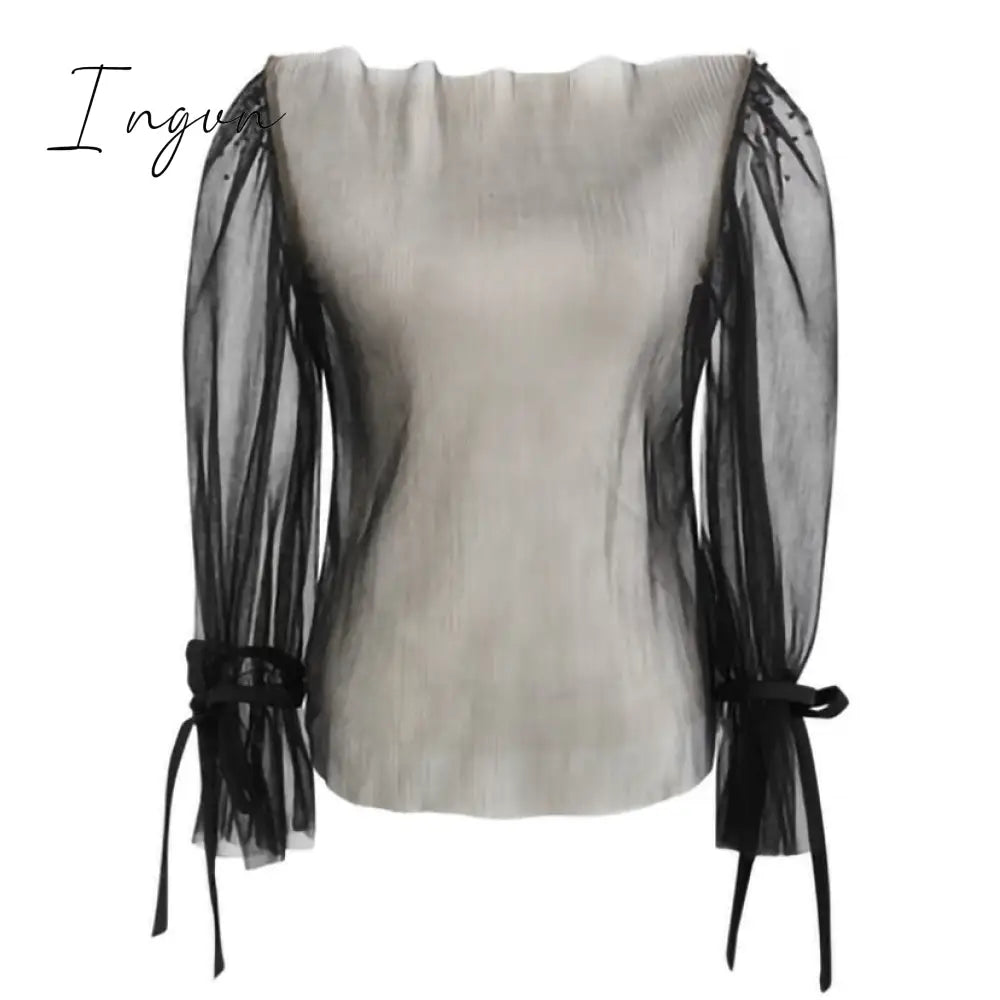 Ingvn - Black French Retro Top Women Summer Women Long Sleeve Mesh Shirt Sexy Slimming Blusas De Mujer Lace Sling Shorts Elegant Set