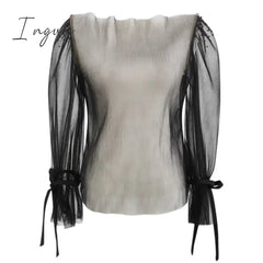 Ingvn - Black French Retro Top Women Summer Women Long Sleeve Mesh Shirt Sexy Slimming Blusas De Mujer Lace Sling Shorts Elegant Set