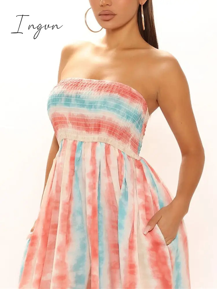 Ingvn - Women's Jumpsuit Pocket High Waist Tie Dye Leopard Strapless Holiday Street Daily Regular Fit Sleeveless Yellow Pink Purple S M L Summer Fall