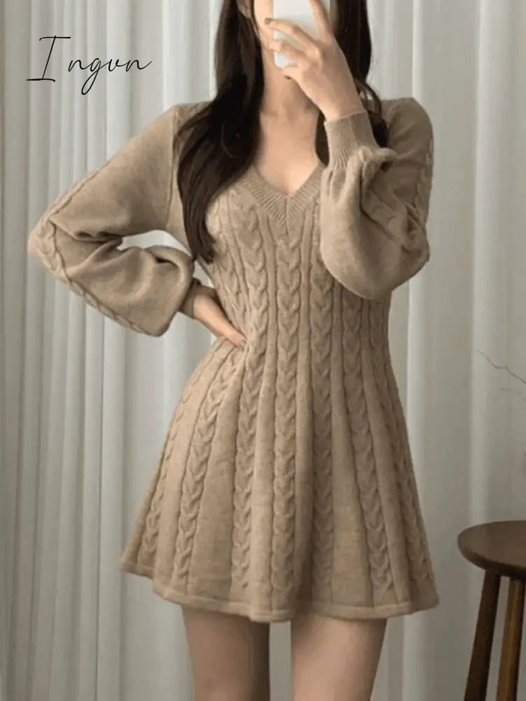 Ingvn - V Neck Cable Knit Long Sleeve Mini Dress