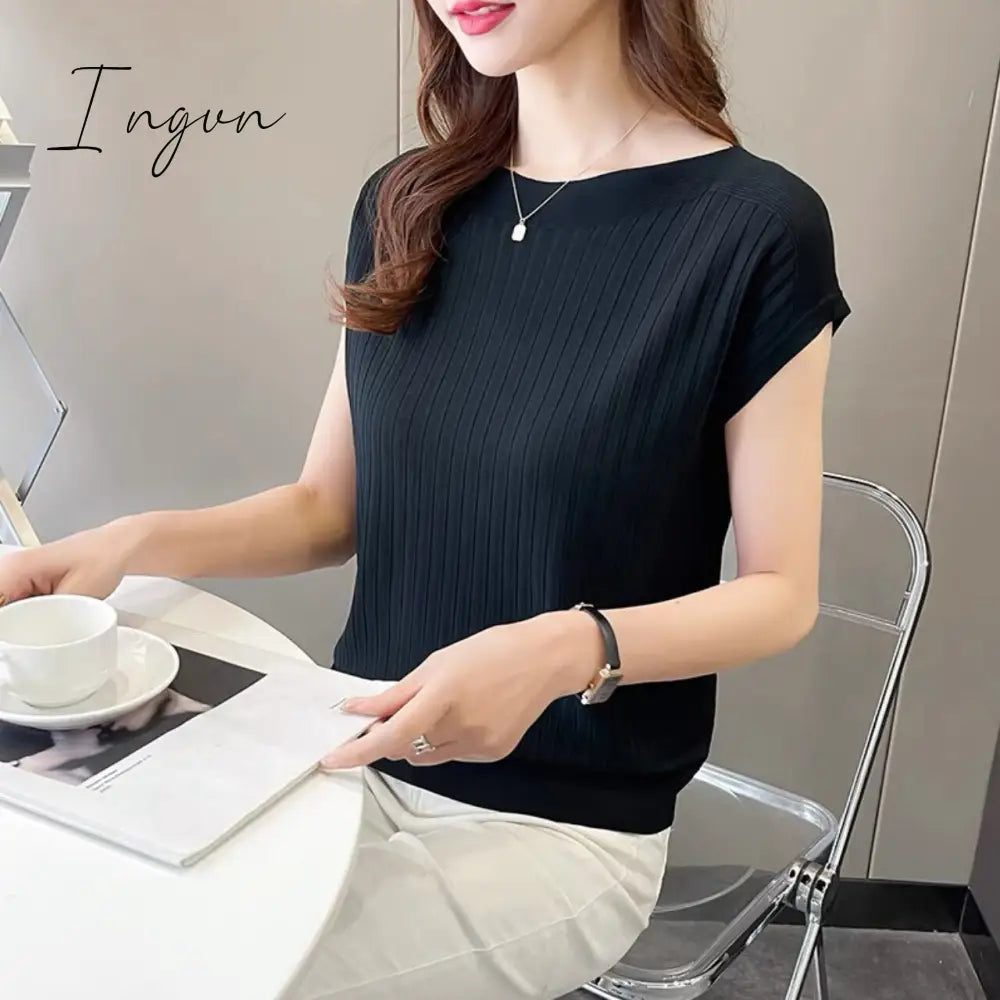 Ingvn - Bat-Sleeved Short-Sleeved T-Shirt Women's Summer New Black Ice Silk Knitted Sweater Loose One-Word Collar Top Thin