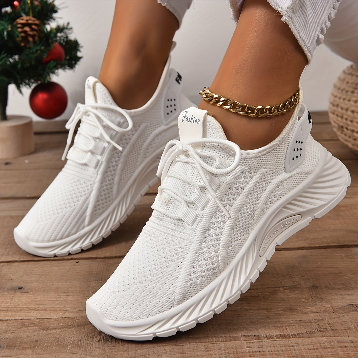 Women's Knitted Sports Shoes, Lightweight Lace Up Low Top Running & Tennis Sneakers, Breathable Gym Trainers for Holiday  Plus Size