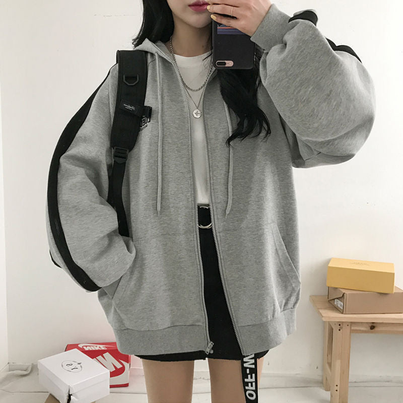 VOGUABLE  Women Hoodies Harajuku Korean Version Zip Up Loose Oversized Sweatshirts Casual Solid Color Long Sleeve Hooded Sweatshirt Coats