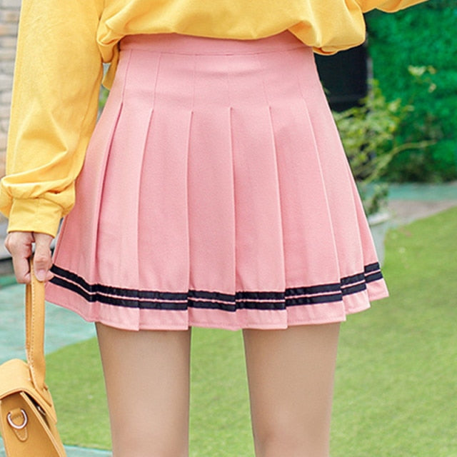XS-XXL Spring Summer Autumn Women Skirts Student Girl Striped Pleated Waist Female Sweet Mini Dance Plaid Black White Pink Skirt