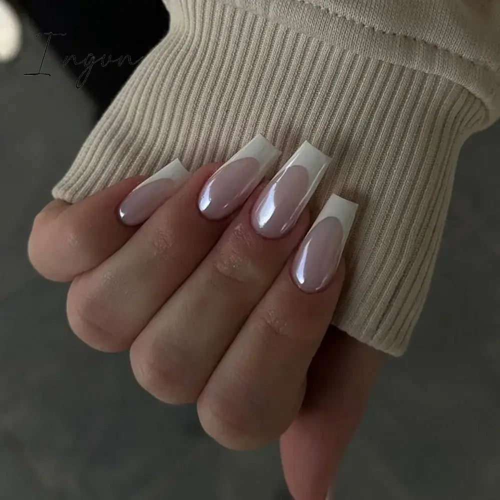 24Pcs French Tip  Press on Nails Short Coffin False Nails Simple Wearable Fake Nails Frosted Full Cover Press on Nail Tips Art
