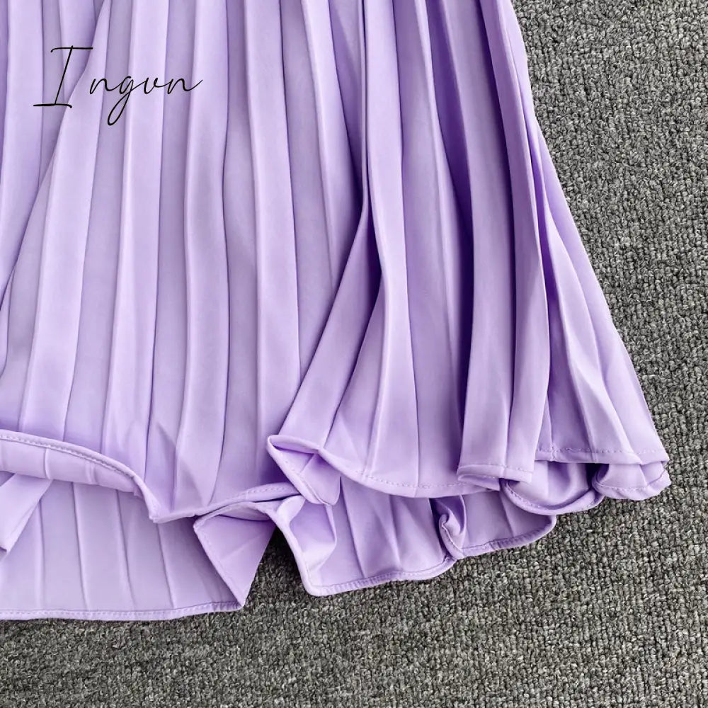 Ingvn - Elegant Midi retro Dress Women's New Solid Color V-neck Lace-up Waist Slimming over-the-Knee Pleated Dress Office Lady