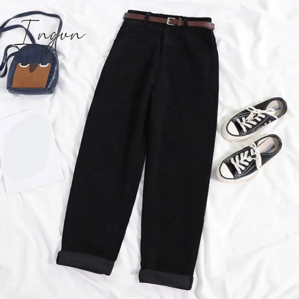 Ingvn - High Waist Wide Leg Corduroy Long Pants with Belt