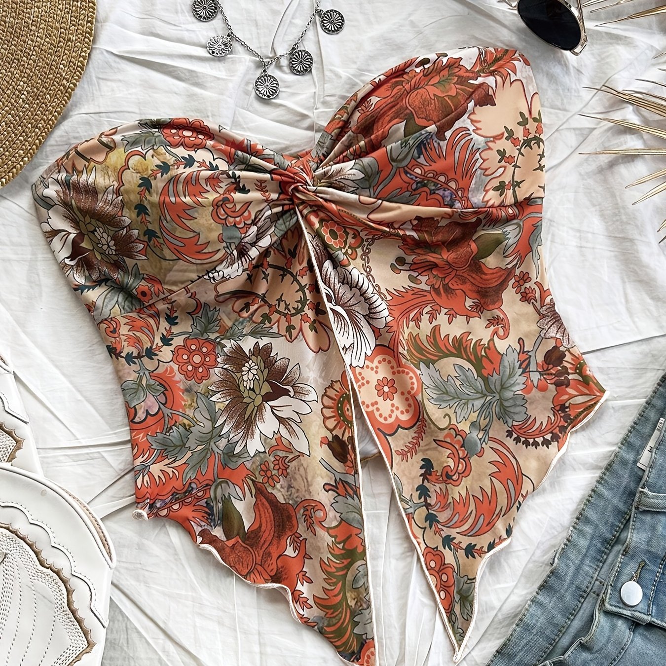Colorful Ethnic Print Tube Top - Women's Twist Hem Irregular Wave Hem Top
