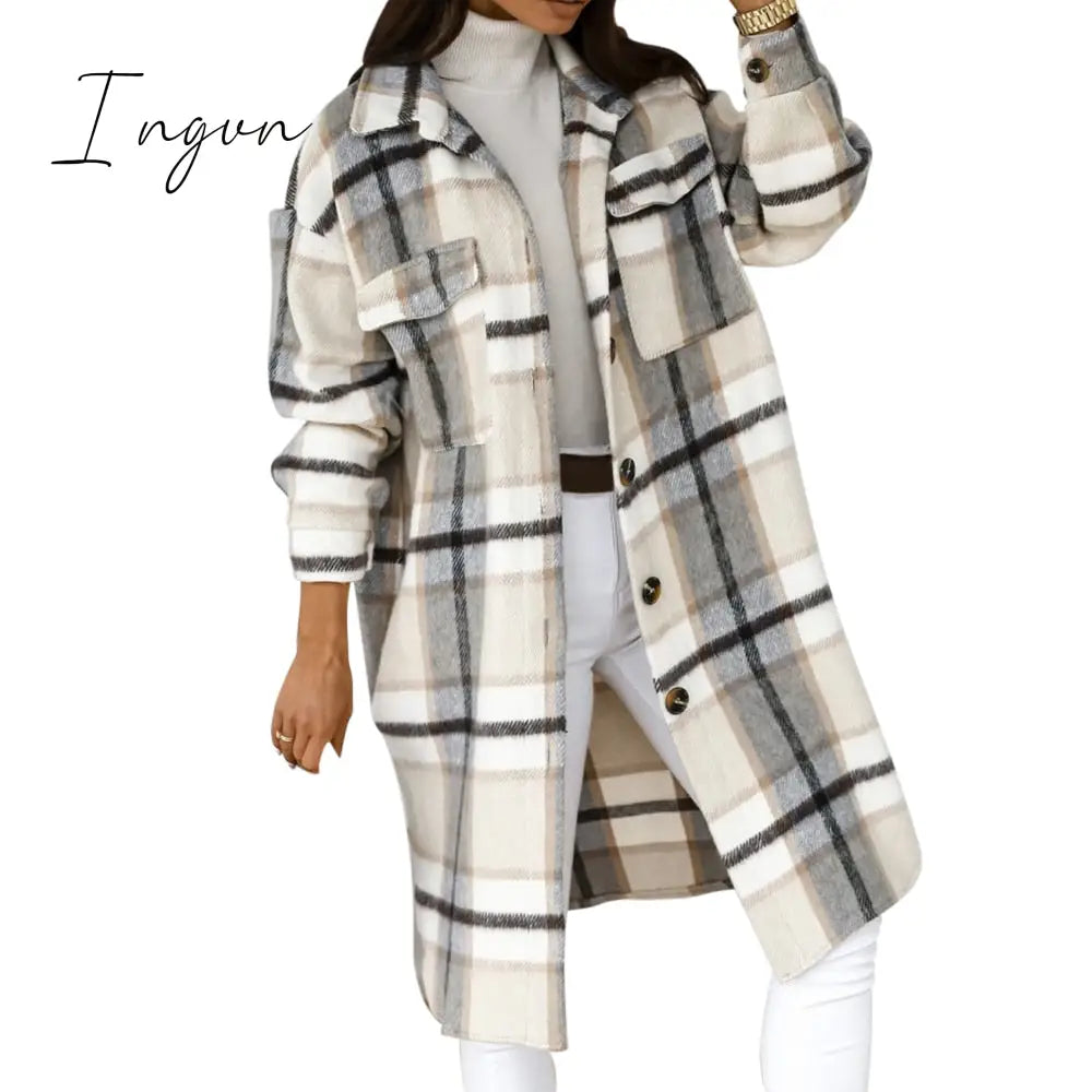 Ingvn - Lapel Single-breasted Double-pocket Plaid Coat
