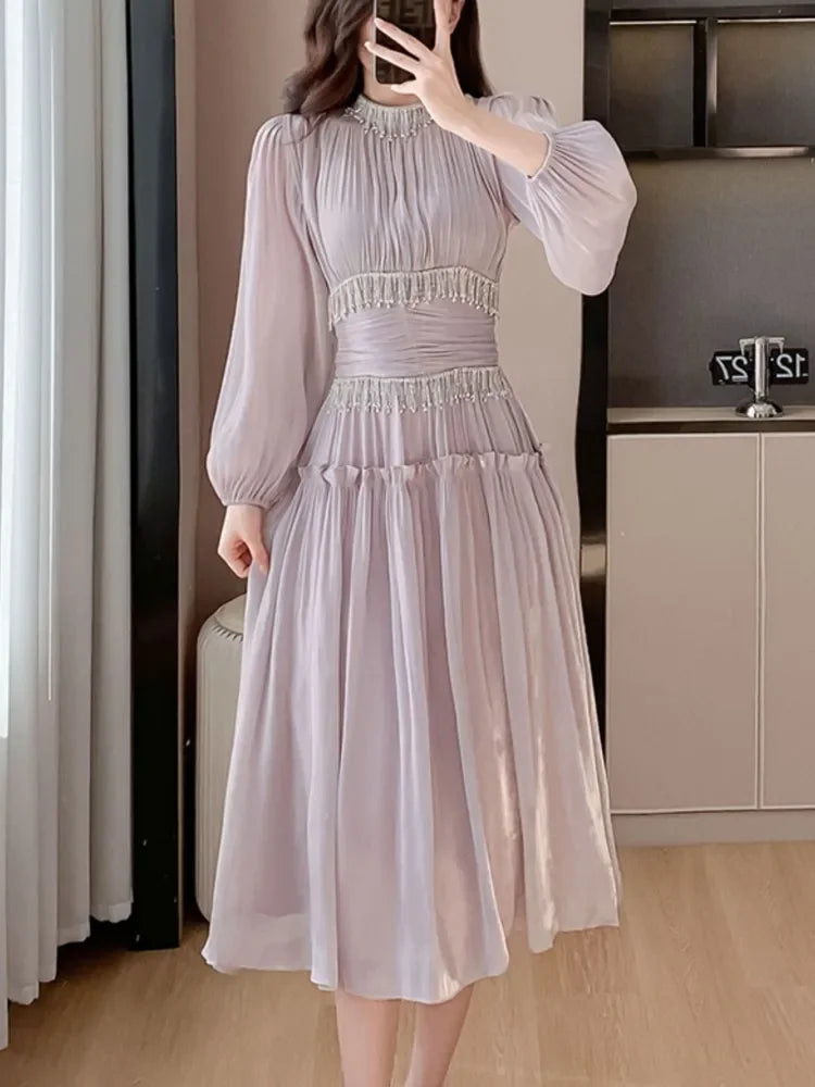 Elegant Party Tasseled with Diamonds Midi Dresses for Women Vintage Fashion New Ruffle Long Sleeve Slim Female Clothes Robe