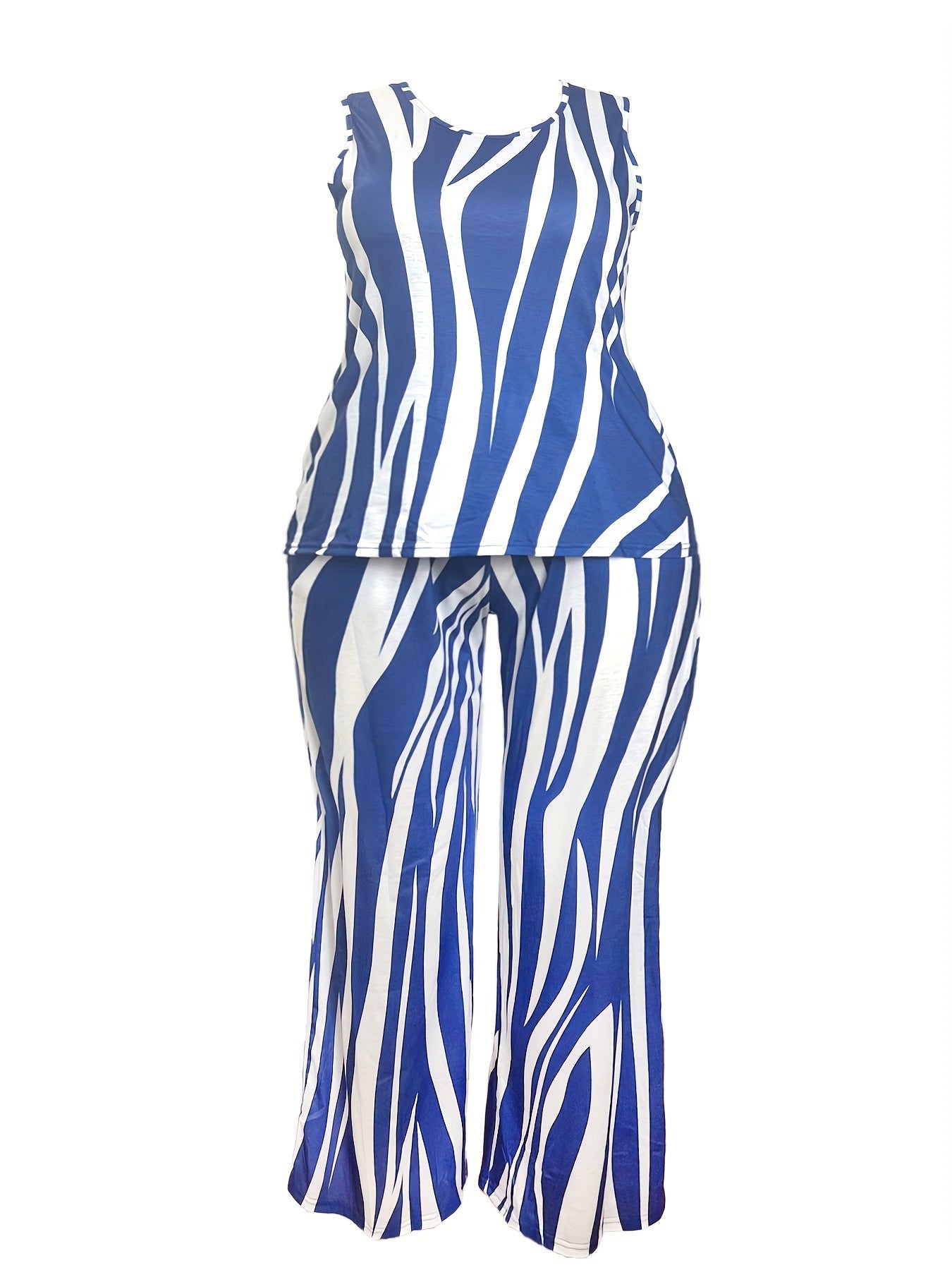 Plus Size Casual Outfits Two Piece Set, Women's Plus Colorblock Stripe Print Round Neck Slight Stretch Tank Top & Pants Outfits 2 Piece Set