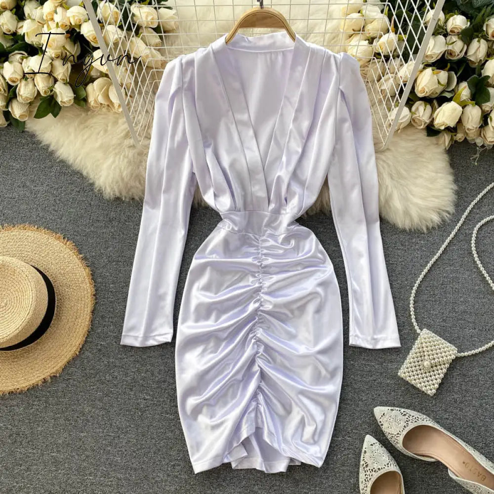 Ingvn - Women Sexy Deep V Short Dress Autumn Ruched Slim Solid Fashion Pencil Dress Korean Style Chic Slim Streetwear Dresses