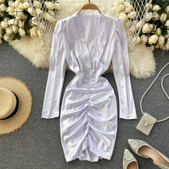 Ingvn - Women Sexy Deep V Short Dress Autumn Ruched Slim Solid Fashion Pencil Dress Korean Style Chic Slim Streetwear Dresses