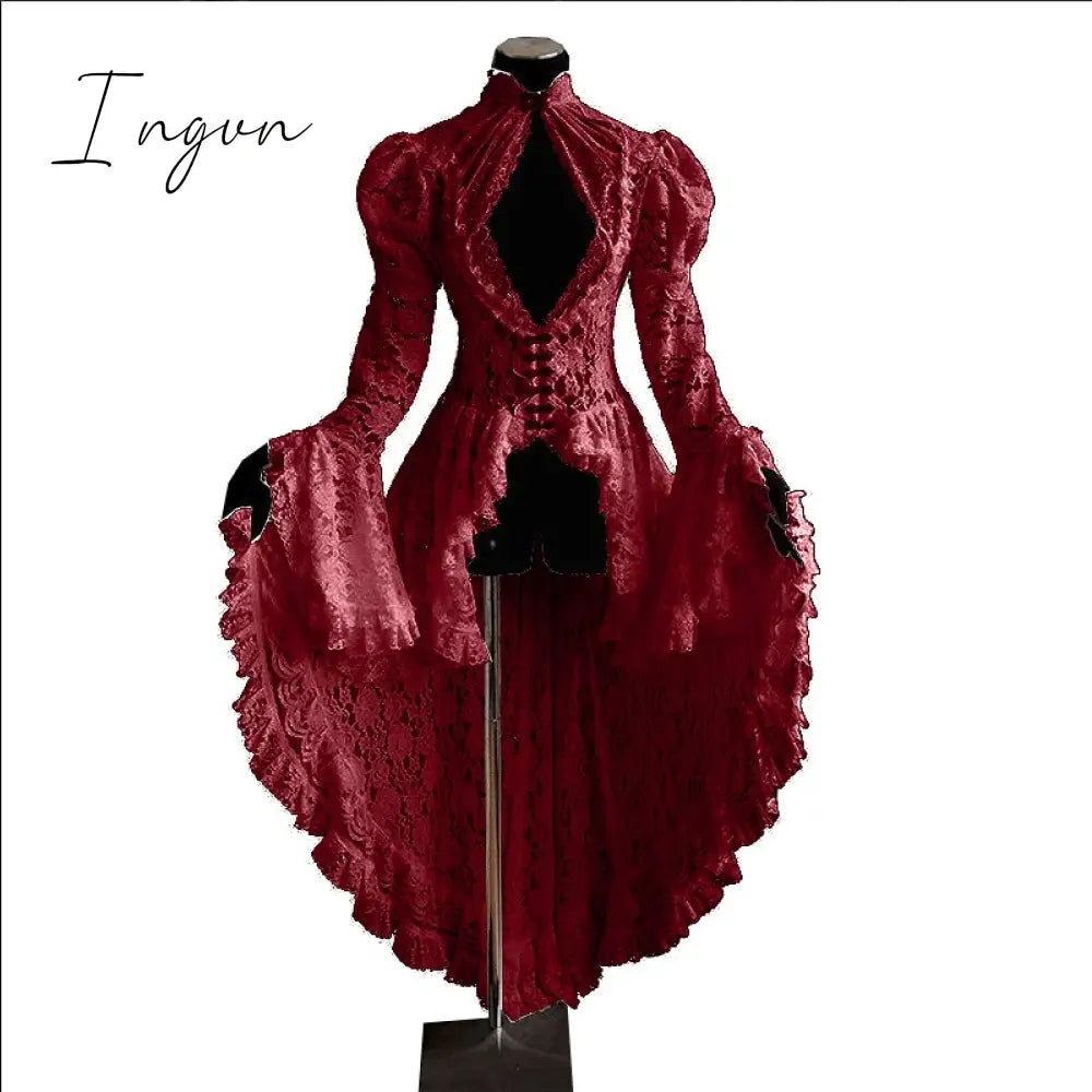 Ingvn - Ladies Summer Fall Winter Vestidos Y2k Gothic Lace Middle Ages Noble Dress Women Slim Goth Midi Long Flare Sleeve Dresses