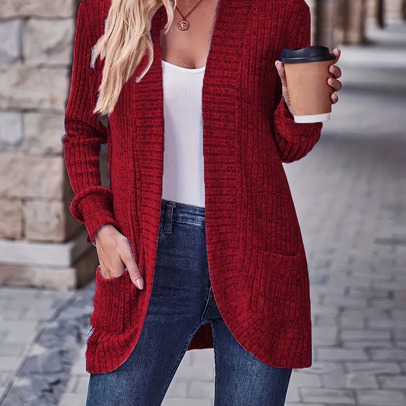 Solid Color Open Front Cardigan, Versatile Long Sleeve Pockets Cardigan For Spring & Fall, Women's Clothing