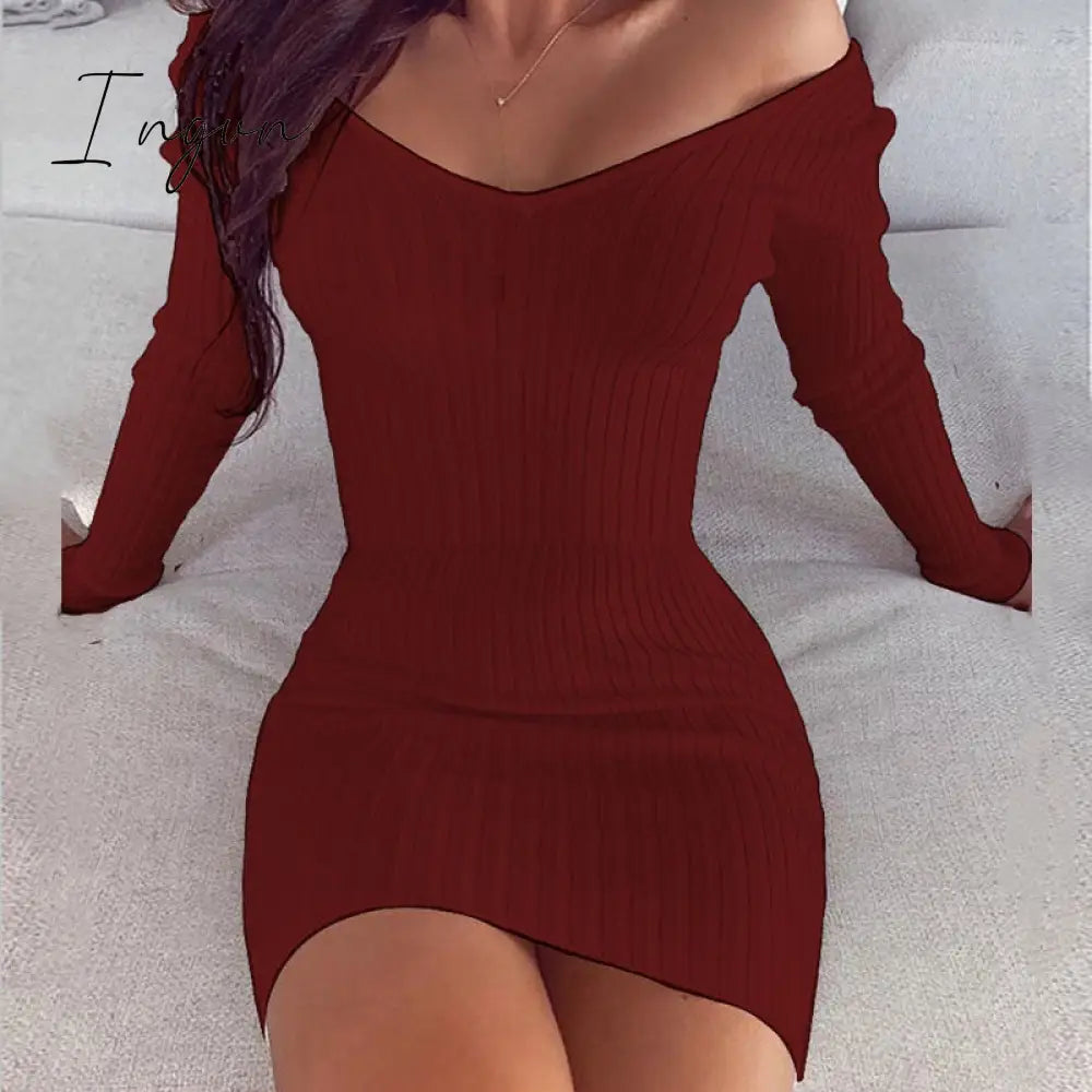 Ingvn - Sexy Club Off Shoulder Long Sleeve Bodycon Dress For Women Winter White Knitted Sweater Mini Woman Dresses Robe Femme