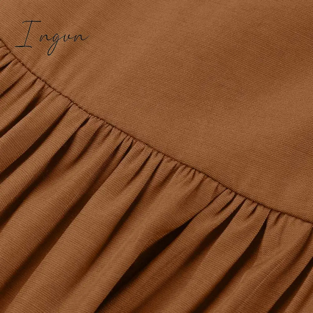 Ingvn - Loose Dress Autumn Women Long Sleeve Solid V Neck Party Dress Casual Loose Ruffled Pleated Party Vestido Robe