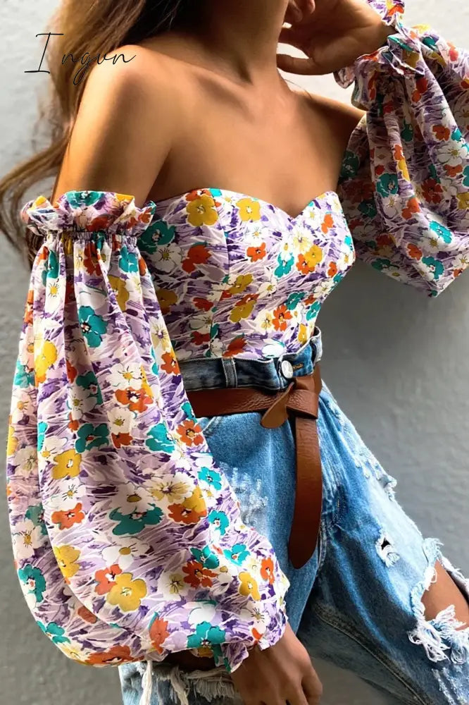 Ingvn - Summer Sexy Off The Shoulder Blous Women Fashion Slash Neck Tube Top Floral Puff Sleeve Blouse Women