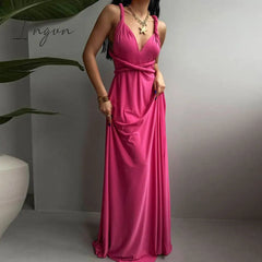 Ingvn - Elegant Women Backless Deep V-neck Summer Sundress Solid Cocktail Female Dress Sexy Draped Twisted Sling Off Shoulder Dresses