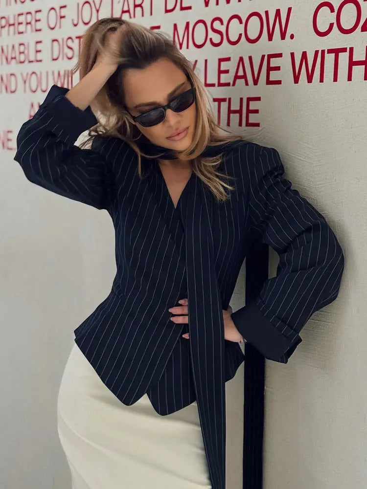 Elegant Female Striped Suit Coat For Women Scarf Lace-Up Patchwork V-Neck Long Sleeve Luxury Outwear Female Jackets Coat