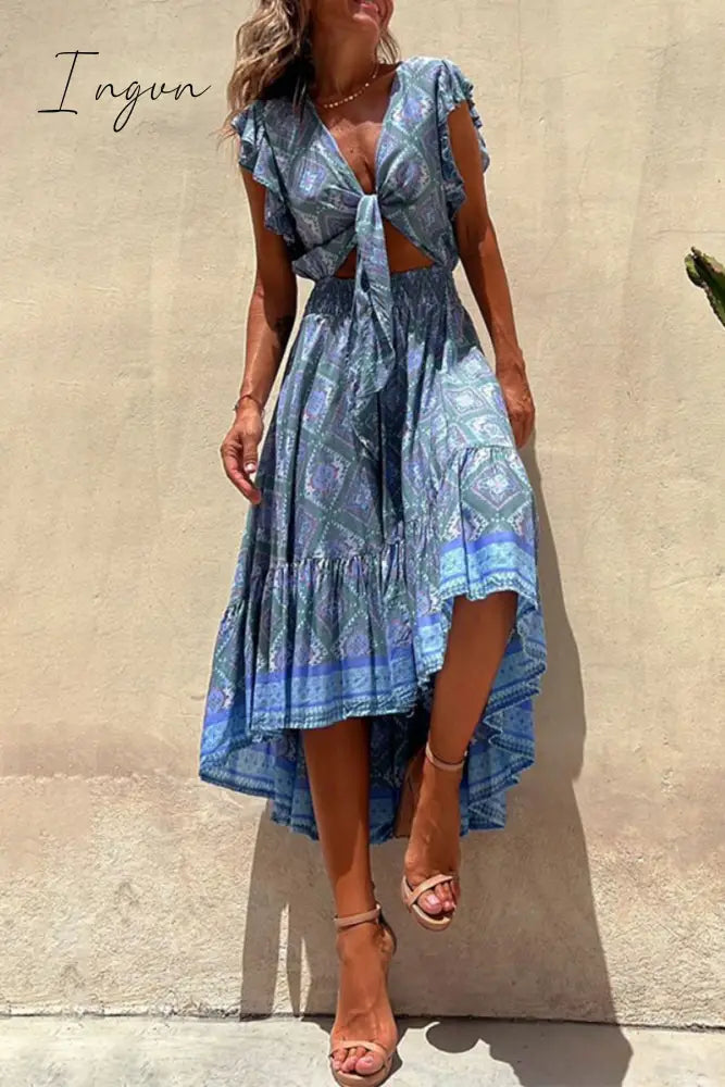 Ingvn - Sexy Vacation Floral Bandage V Neck Printed Dress Dresses