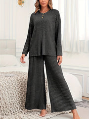 Plus Size Two-Piece Ribbed Crew Neck Outfit Set - Soft Medium Stretch Polyester Knit Fabric, Wide Leg Pants, Long Sleeve Top, Solid Color, No Printing, Casual Style - Womens Comfortable Plus Size Clothing
