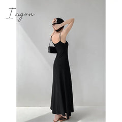 Ingvn - 2023 Summer Grey Dress Womens Straps Dress Sleeveless Sexy Korean Fashion Black Suspender Simple Temperament Mom Long Dresses