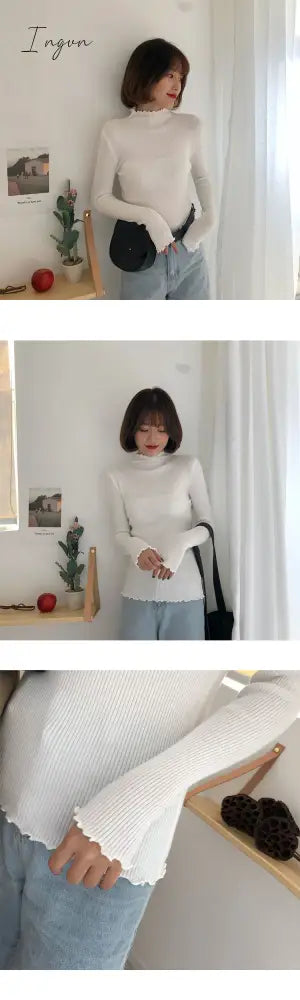 Ingvn - Turtleneck Ruched Women Sweater High Elastic Solid Fall Winter Fashion Sweater Women Slim Sexy Knitted Pullovers Pink White