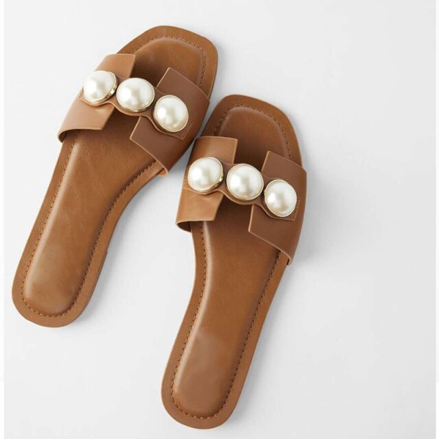 brand shoes 2026 Fashion Flat Slippers Party  shoes Fulgurant Pearl Sandals thin Belt Roman Flat Women Flip Flops Casual Beach