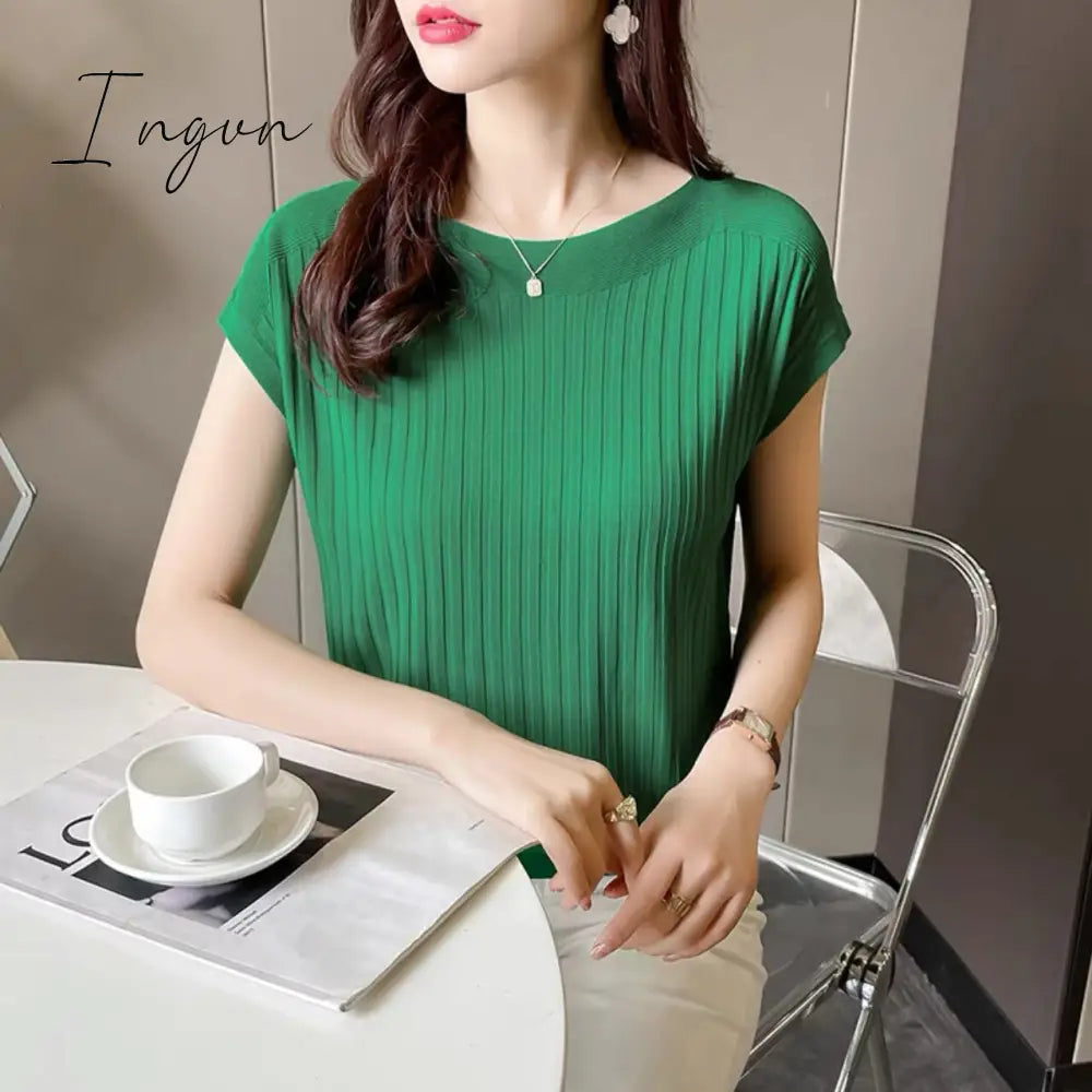 Ingvn - Bat-Sleeved Short-Sleeved T-Shirt Women's Summer New Black Ice Silk Knitted Sweater Loose One-Word Collar Top Thin