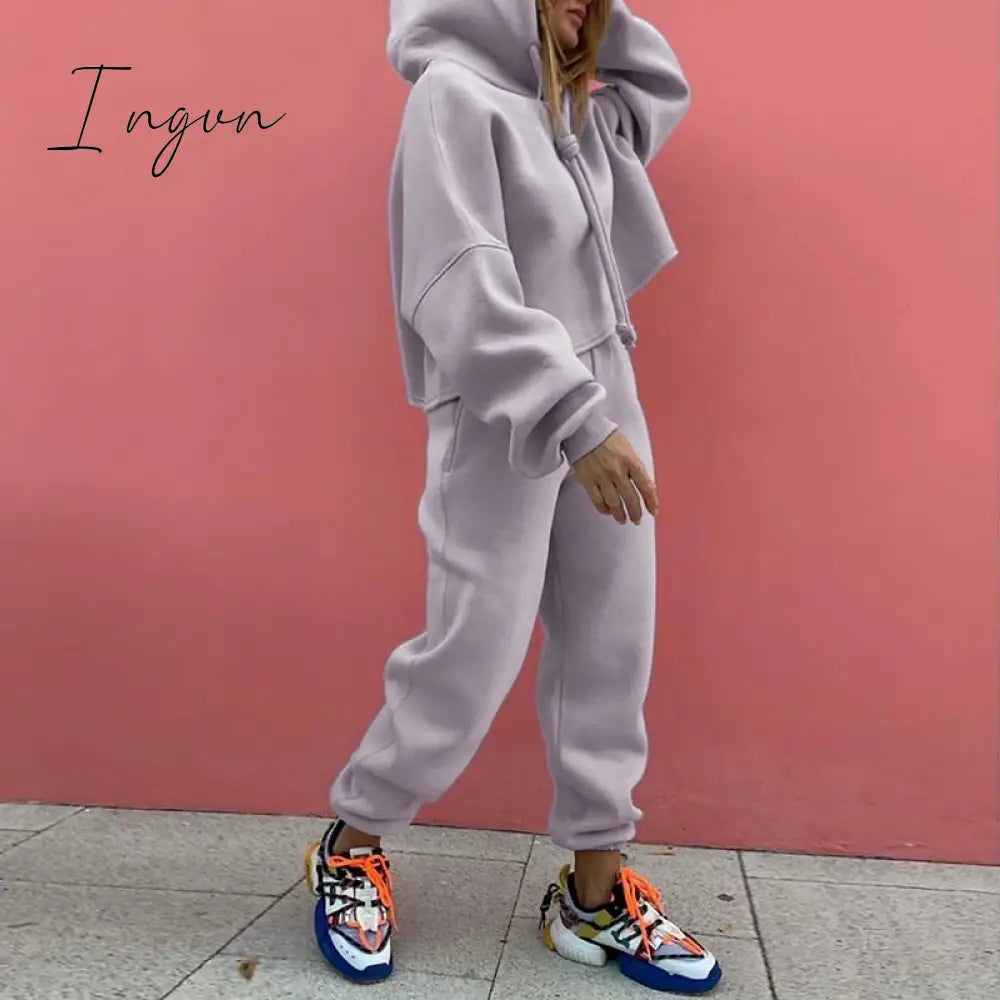 Ingvn - Fashion Loose Casual Hoodie Suit Two Piece Set Womens Tracksuits  Womens Solid Color Two Piece Sets Thick Warm Suits