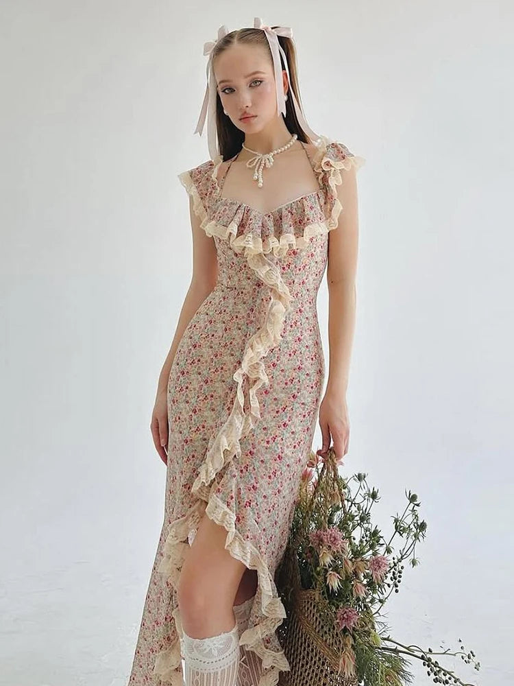 High Slits Colorful Maxi Dress Women Bandage Patchwork Lace Folds Irregular Low-Neck Sweet Skinny Temperament Vestidos