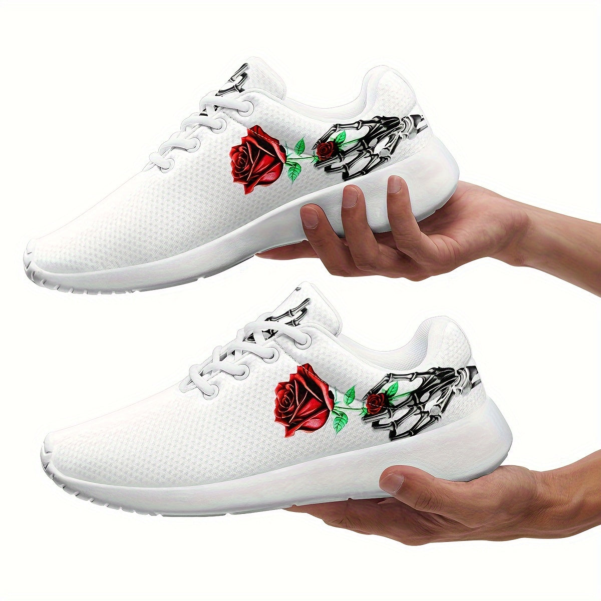 Womens Lightweight Breathable Mesh Sneakers - Cushioning Support, Anti-Slip Shock-Absorbing, Random Printing Skeleton & Rose Decor, Durable Low-Top Lace-up Athletic Shoes for All-Season Wear