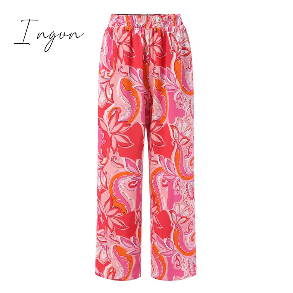 Ingvn - Pants Sets Fashion One Shoulder 3/4 Sleeve Tops Floral Print Wide Leg Trouser Women Two Piece Sets Casual Loose Suit