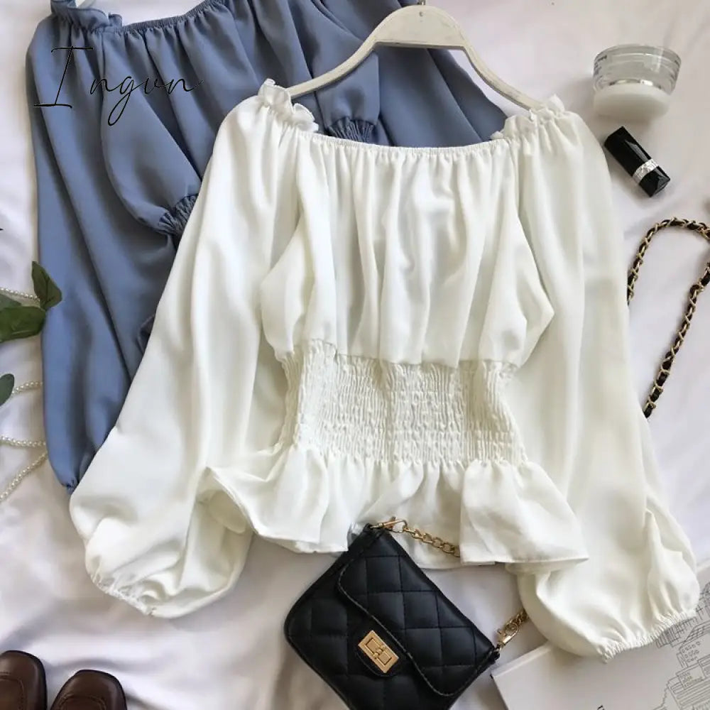 Ingvn - Youth Elegant Blouse Women Chiffon Fashion Blouse Off Shoulder White Shirt Ruffle Puff Sleeve Top Office wear