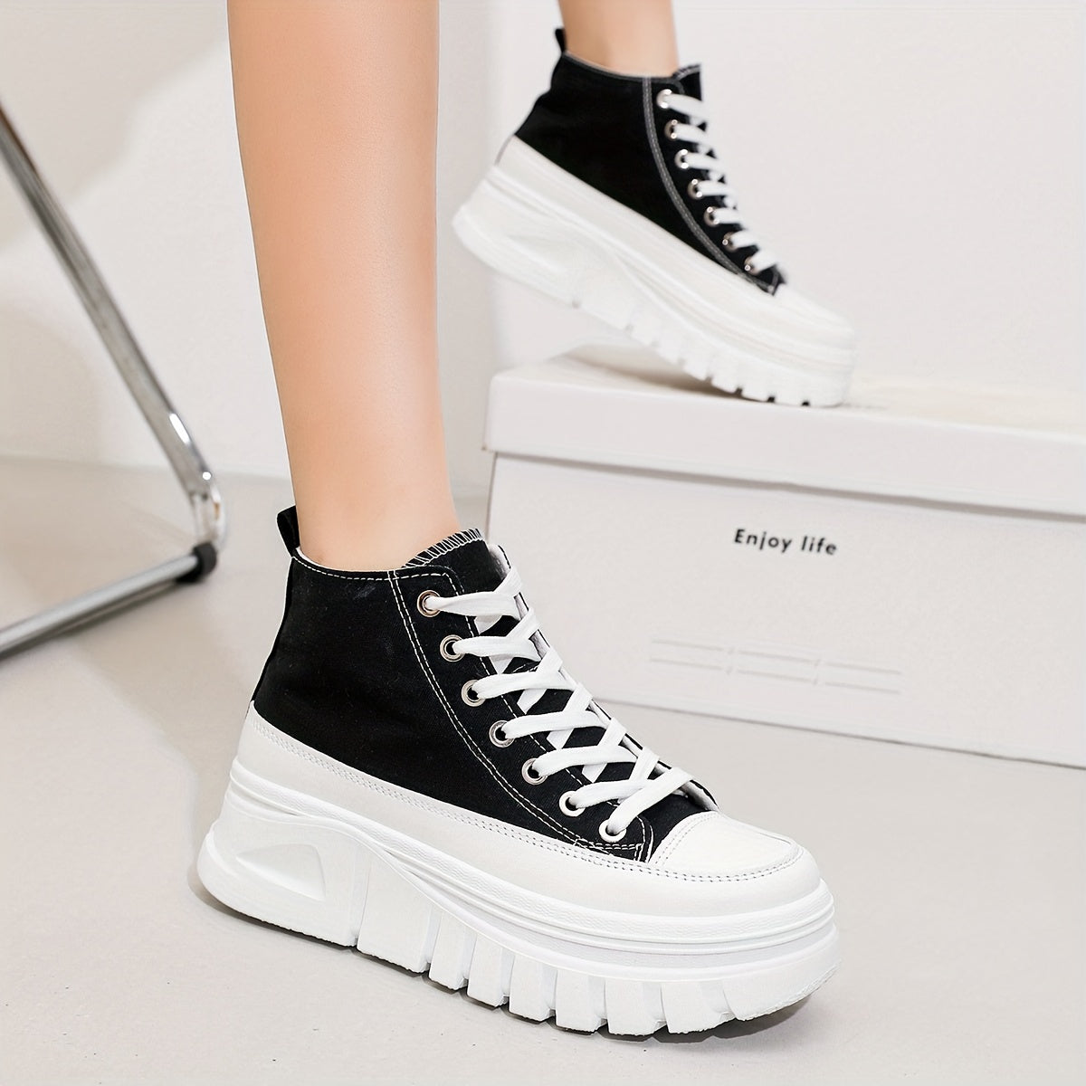 High-top Heightening Women's Canvas Solid Color Casual Sneakers, Lace Up Platform Soft Sole Walking Skate Shoes