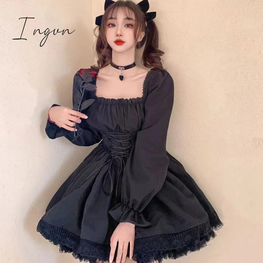 Ingvn - Womens New Trends White Lolita Dress Kawaii Vinatge Long Sleeve Mini Dresses Black Gothic Bandage Lace Patchwork Streetwear Square Collar