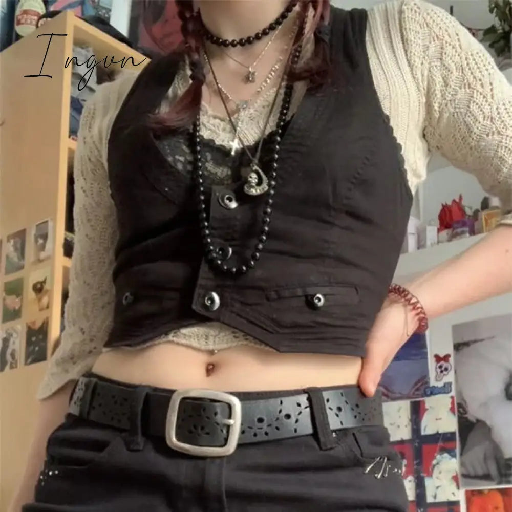 Ingvn - y2k Button Corset Top Black Sleeveless Tank Tops Skinny V Neck Aesthetic Punk Crop Top Grunge Fairycore Women Vests