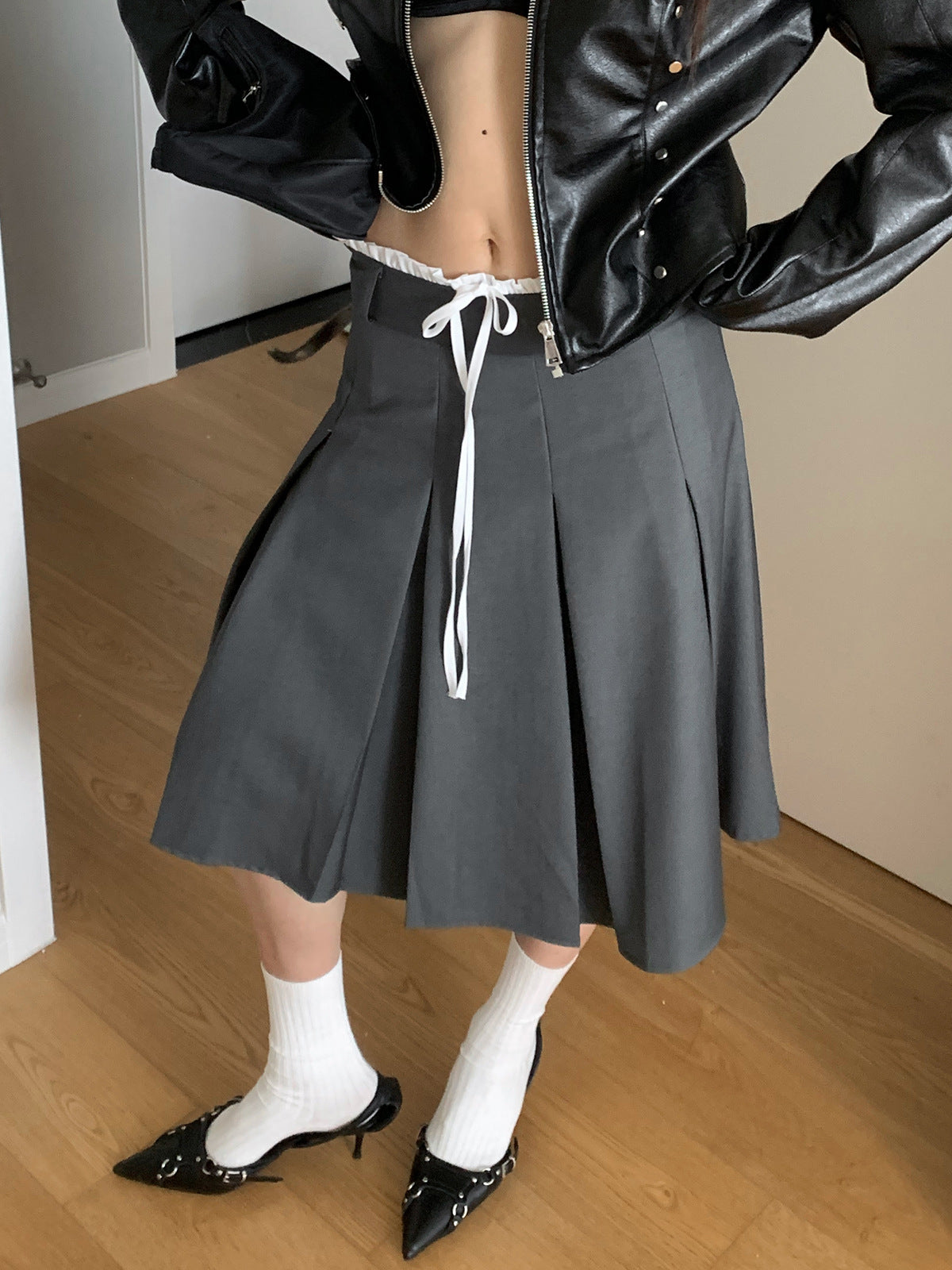 Casual Korean Contrast Color Drawstring Skirt Women's Autumn Mid-Length A-Line High Waist Slim Pleated Skirt Women