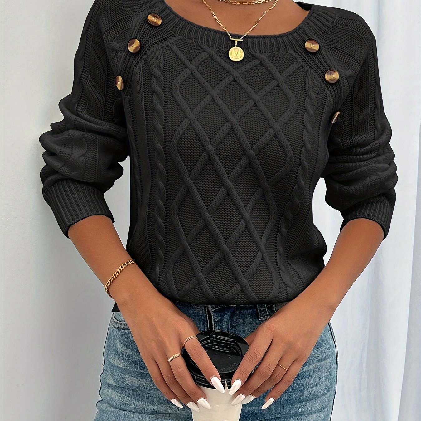 Long Sleeve Cable Knit Sweater, Casual Crew Neck Sweater, Women's Clothing