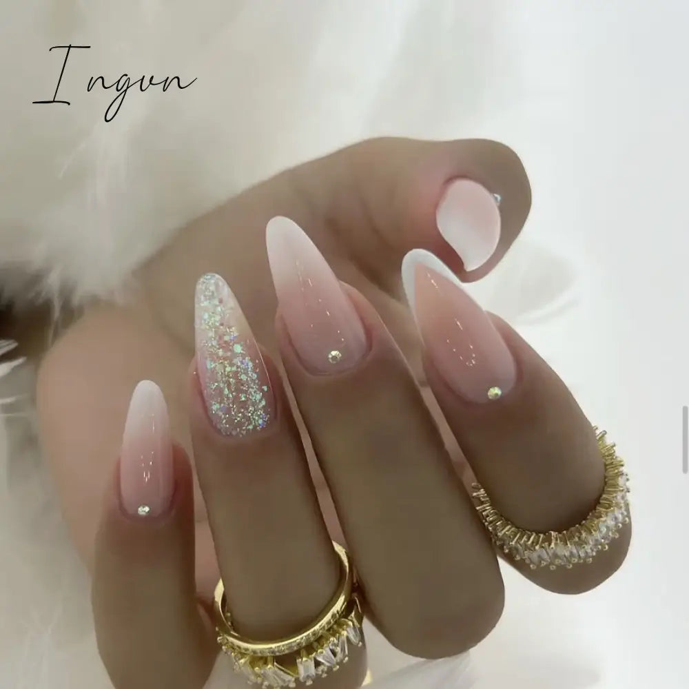 24pcs Short Glitter Purple False Nails  Almond Stiletto French Wearable Fake Nails Art Artificial Full Cover Press on Nail Tips
