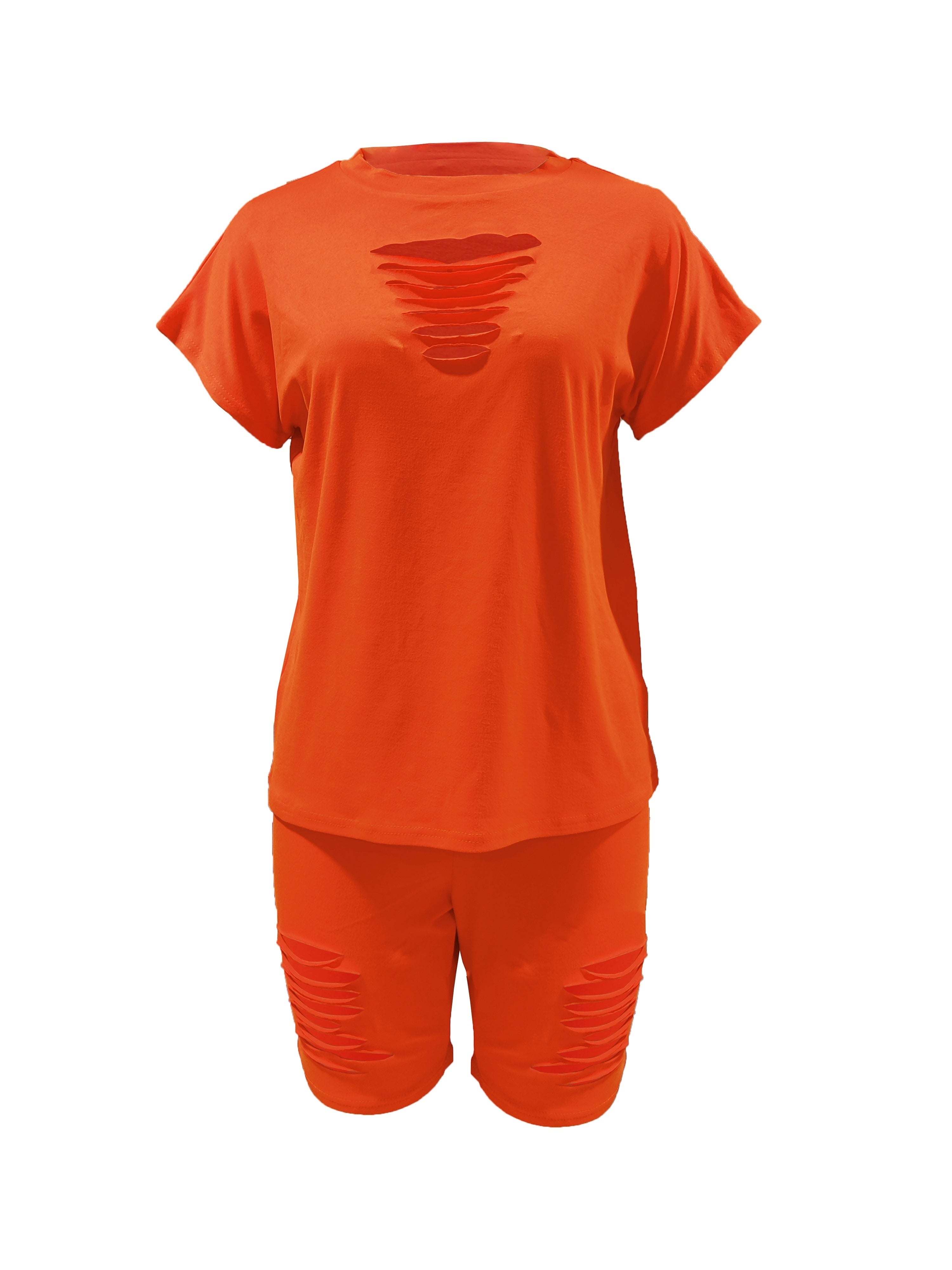 Solid Ripped Two-piece Set, Crew Neck Short Sleeve Tee & Slim Shorts Outfits, Women's Clothing