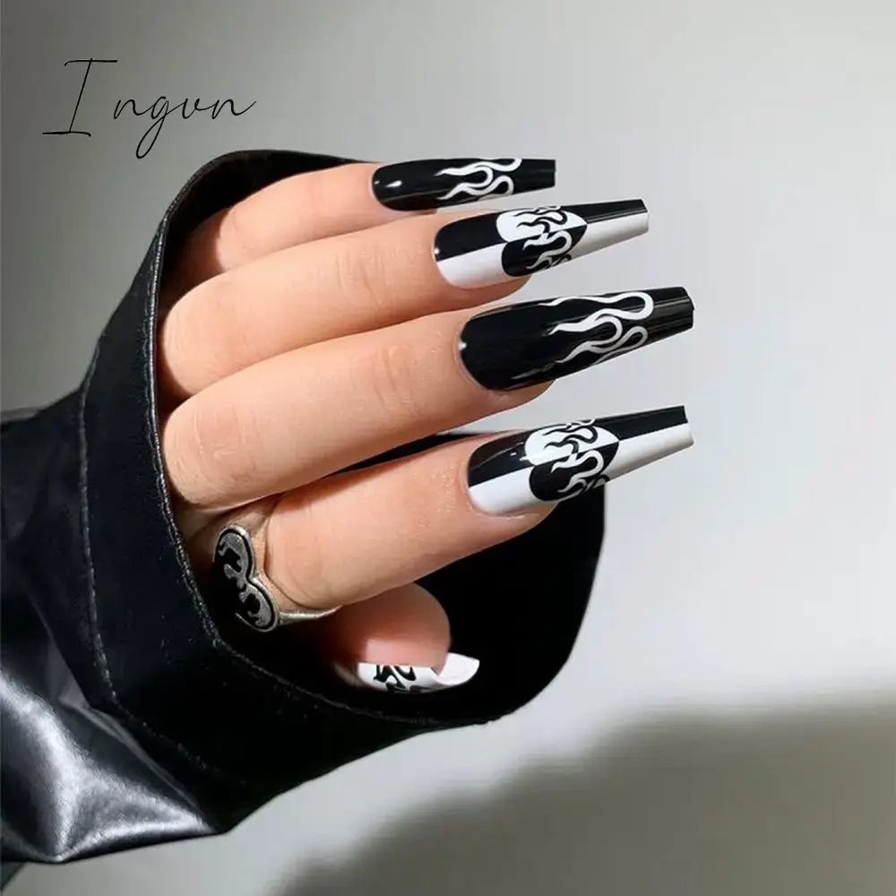 Extra Long Coffin Fake Nail Black And White Plaque False Nails French Ballerina Artificial Full Cover Nail Tips Press On Nail