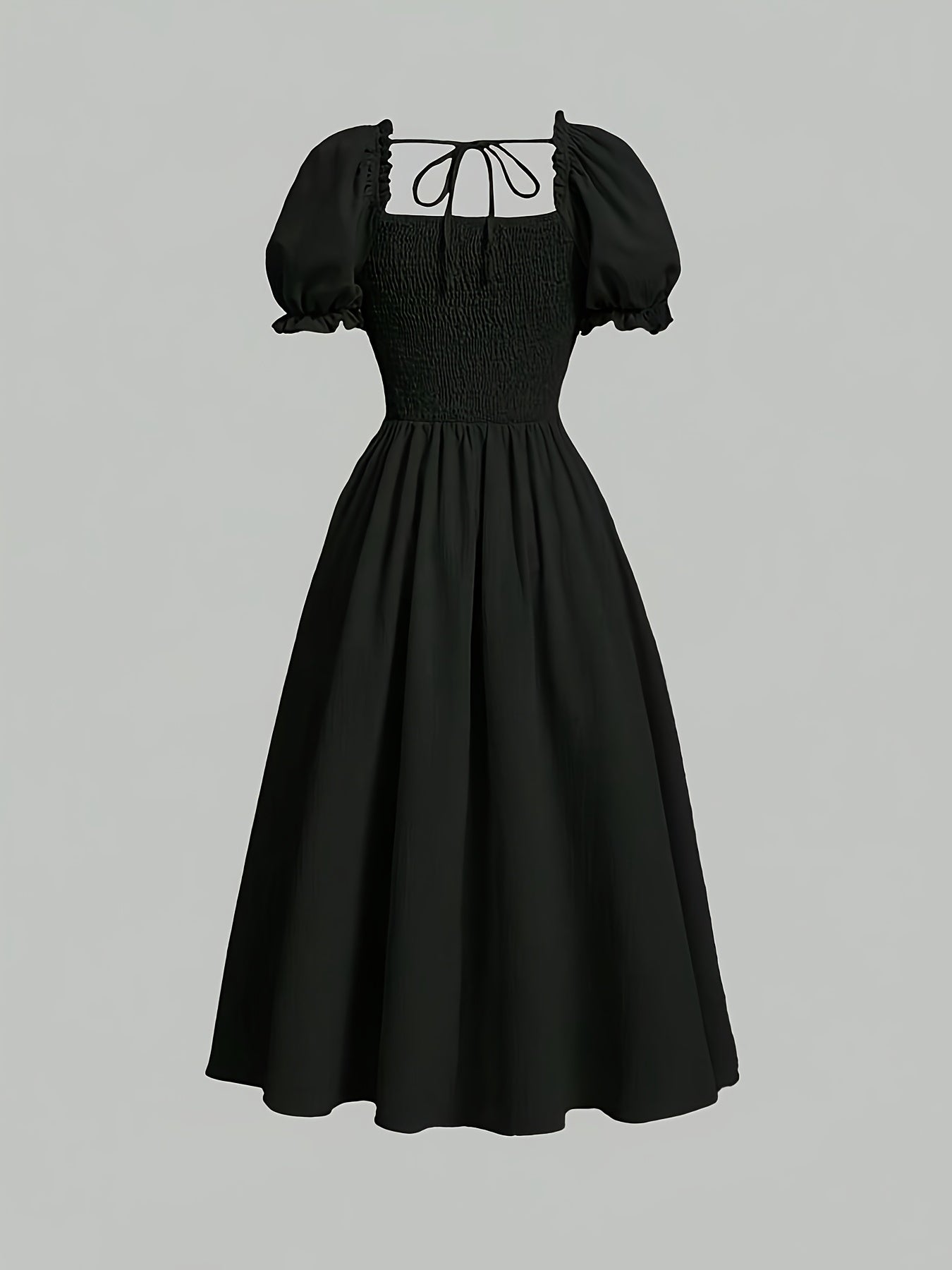Elegant Square Neck Polyester Dress with Puff Sleeves, Drawstring Detail, Peplum Hem, Slight Stretch Woven Fabric for Spring/Fall - Solid Color