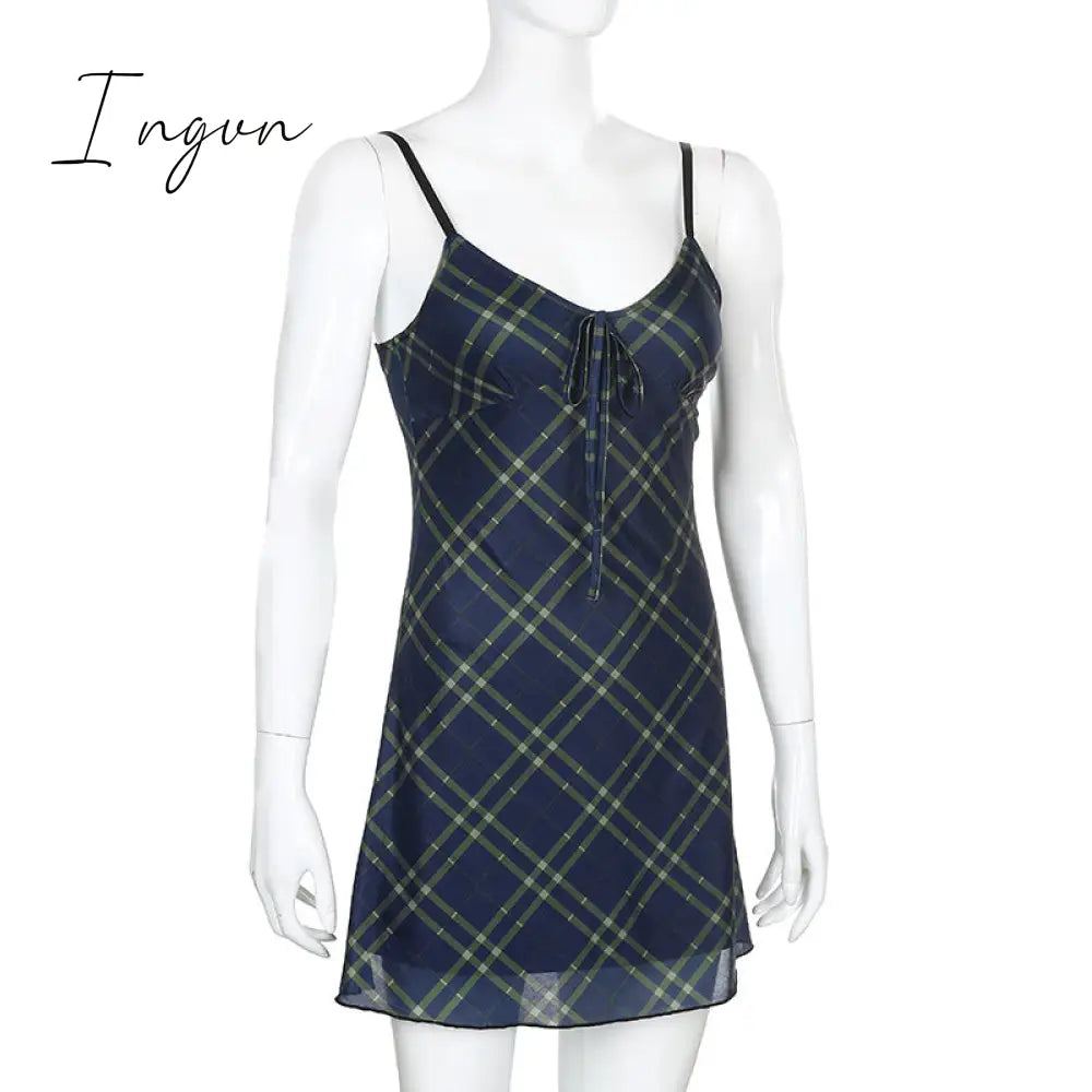 Ingvn - E-Girl 90s Spaghetti Strap Bandage Front Ruffles Plaid Dresses Vintage Mesh V-neck Backless A-line Mini Dress Partywear