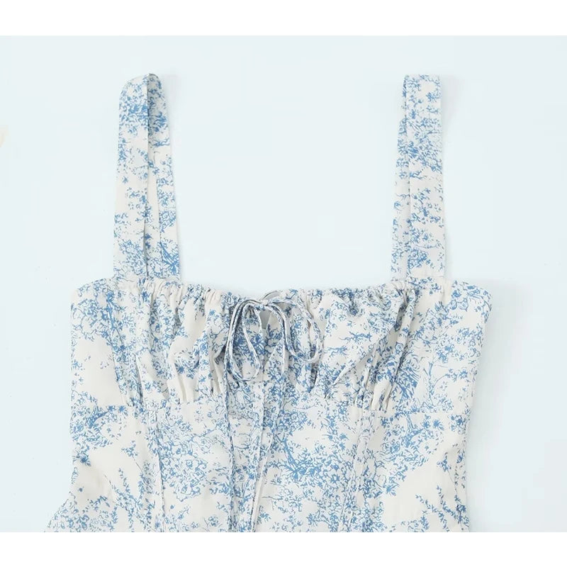New Women French Style Floral Print Sling Short Dress Lace Up Bandage Back A-line  Summer Dress Holiday Robe